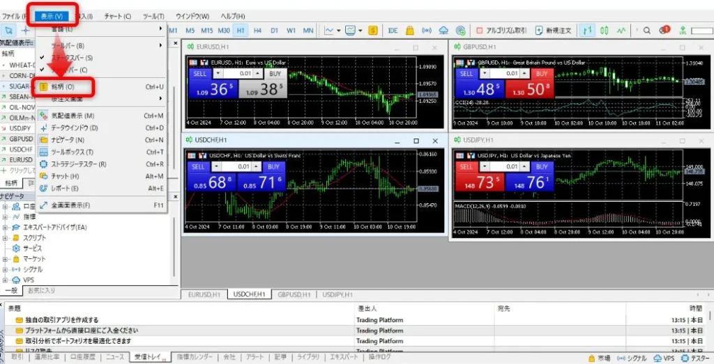 MT5チャート上部の「表示」より「銘柄」をクリック