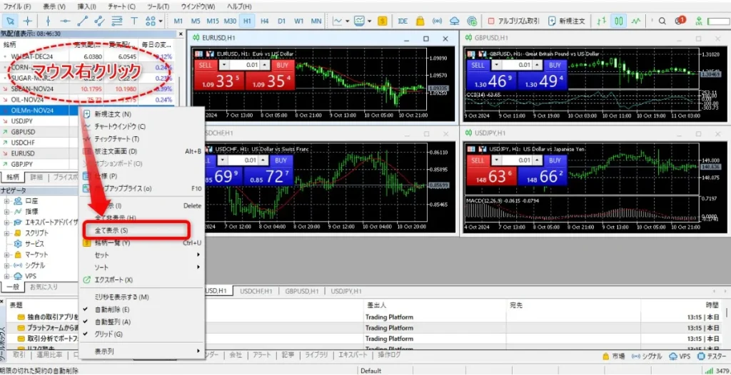 MT5チャート左側の気配値表示上でマウス右クリックして「全て表示」をクリック