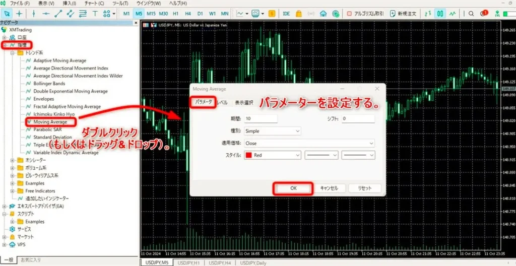 「指標」よりMT5で使いたいインジケーターをダブルクリック
