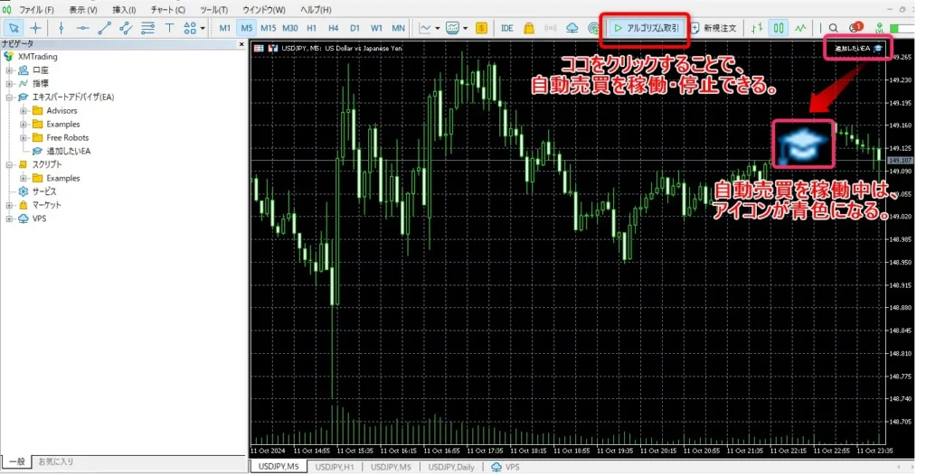 MT5チャート上部の「アルゴリズム取引」をクリックすればEA自動売買が開始