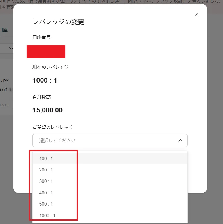 レバレッジの変更をクリック