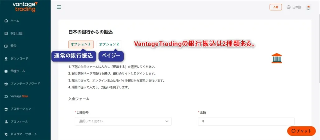 VantageTrading(ヴァンテージ)の銀行振込は2種類ある