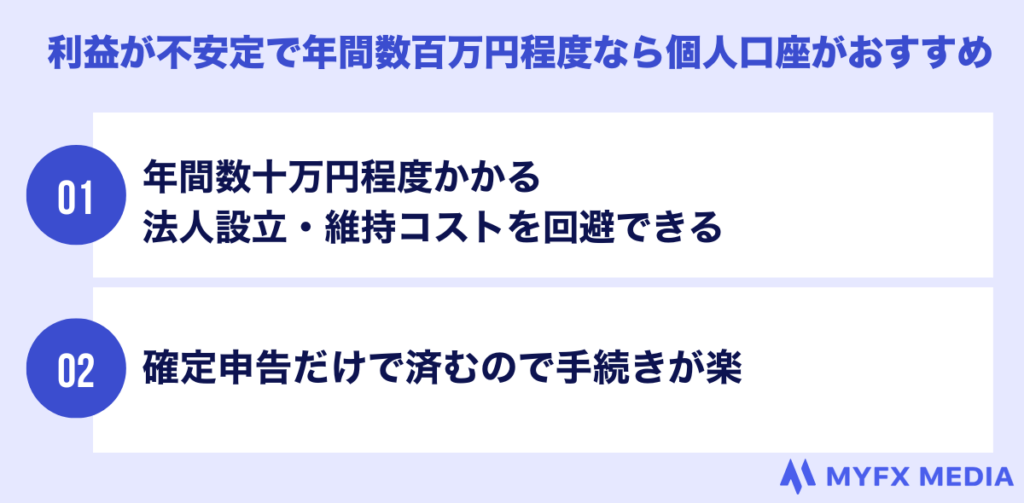 利益が不安定で年間数百万円程度なら個人口座がおすすめ