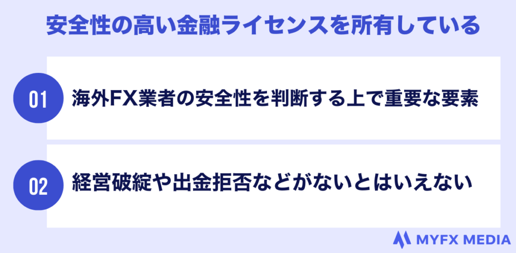 安全性の高い金融ライセンスを所有している