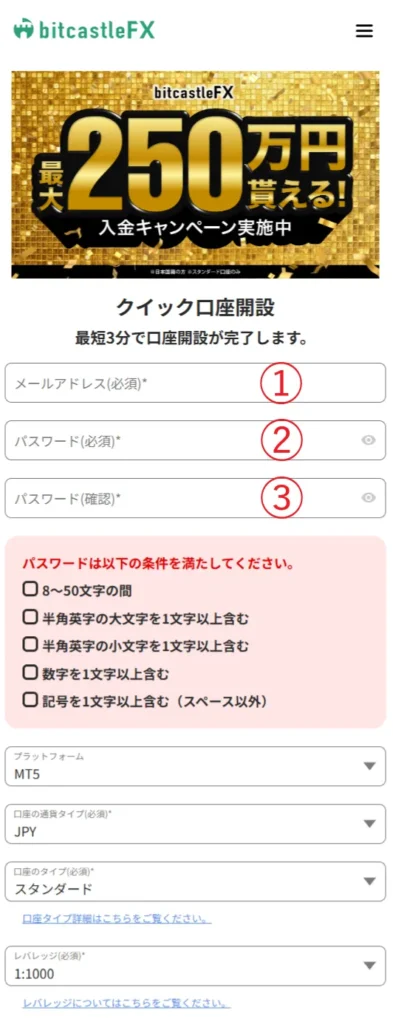 bitcastleにメールアドレスとパスワードを登録