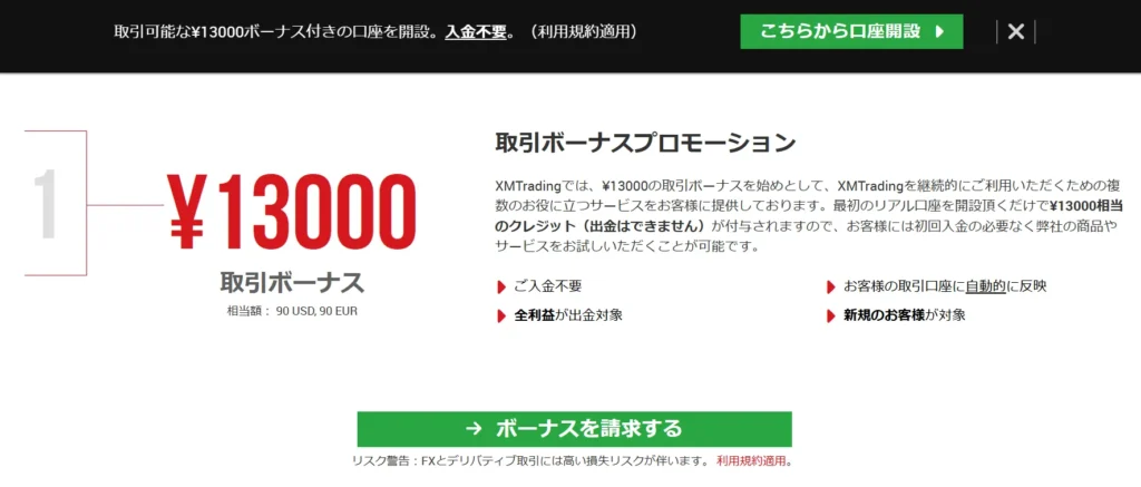 XMTradingの口座開設ボーナスは15,000円ではなく、13,000円なので注意。