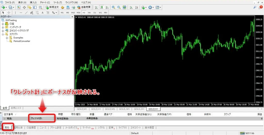 XMの口座開設ボーナスはMT4/MT5の「クレジット」欄に反映される